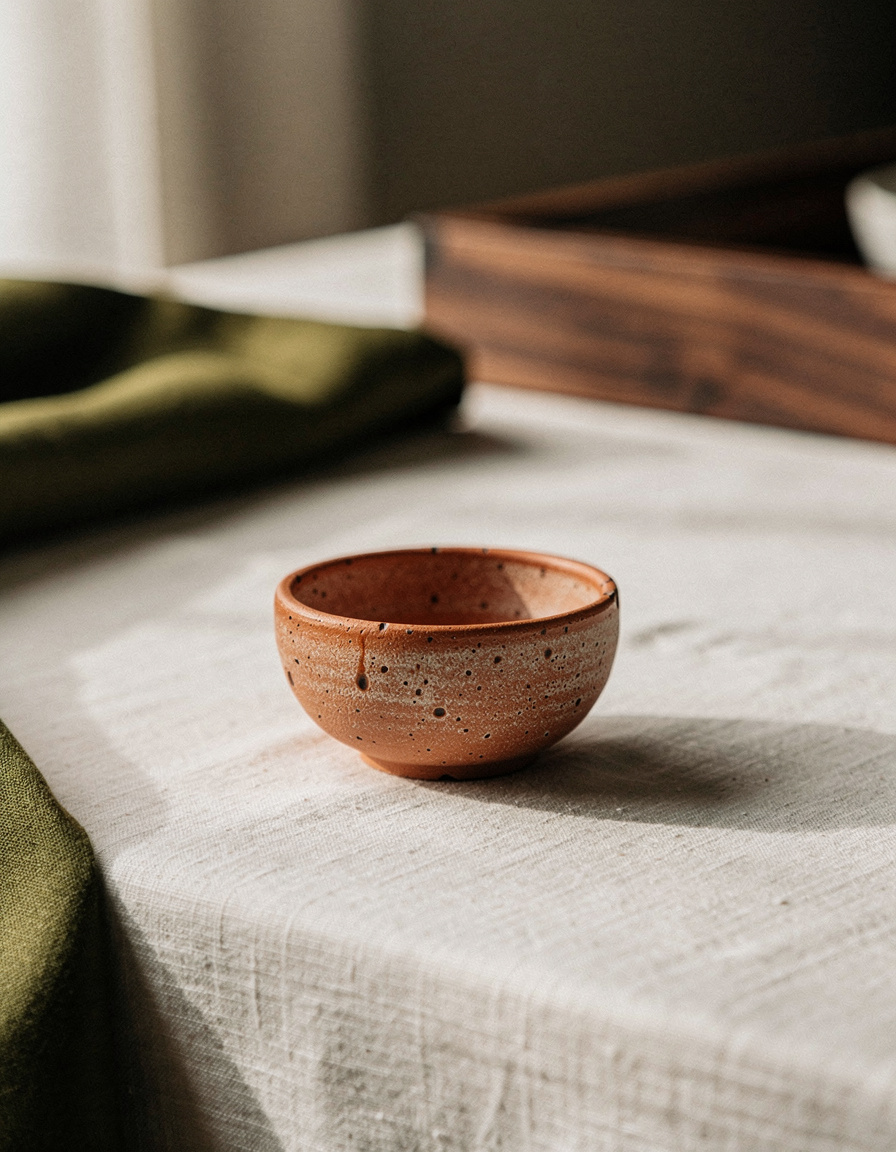 Bowl de cerâmica terracota artesanal sobre superfície de linho claro