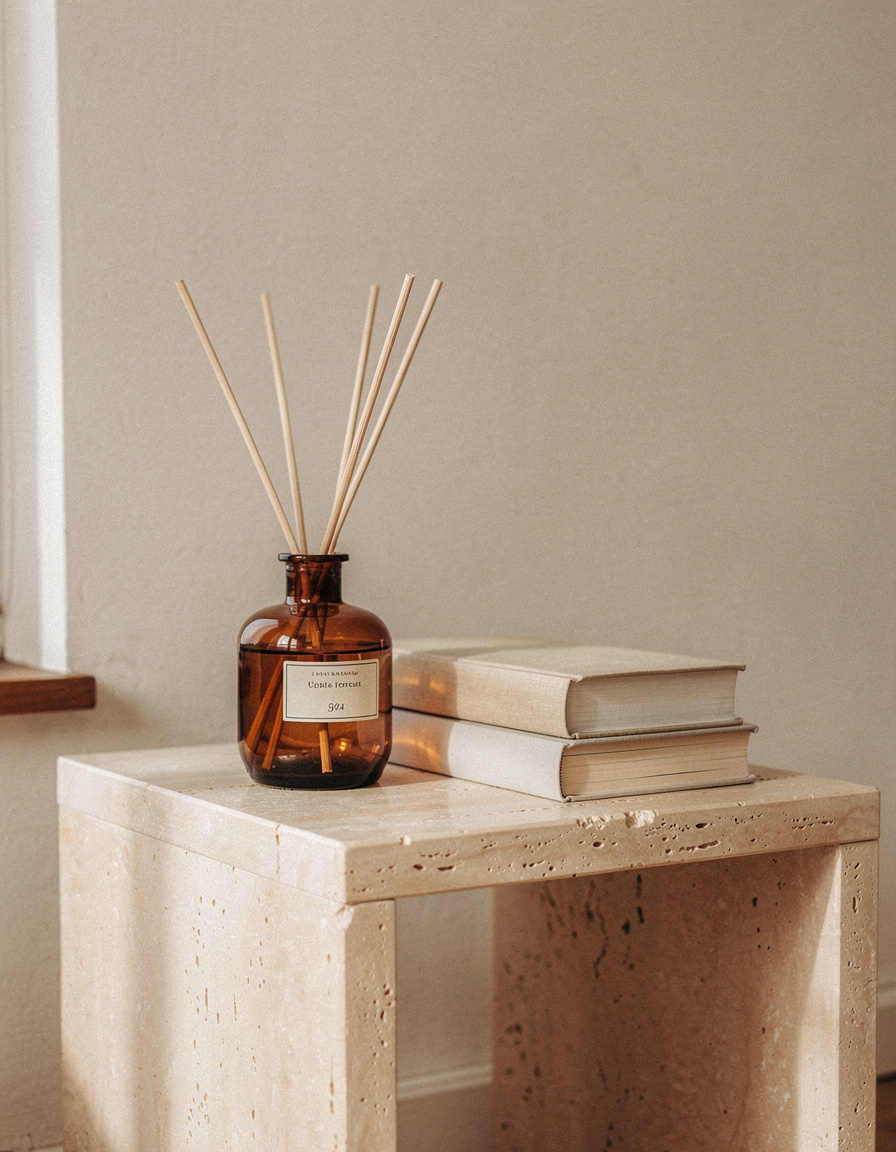 Difusor de vidro âmbar com varetas de rattan sobre mesa lateral de travertino