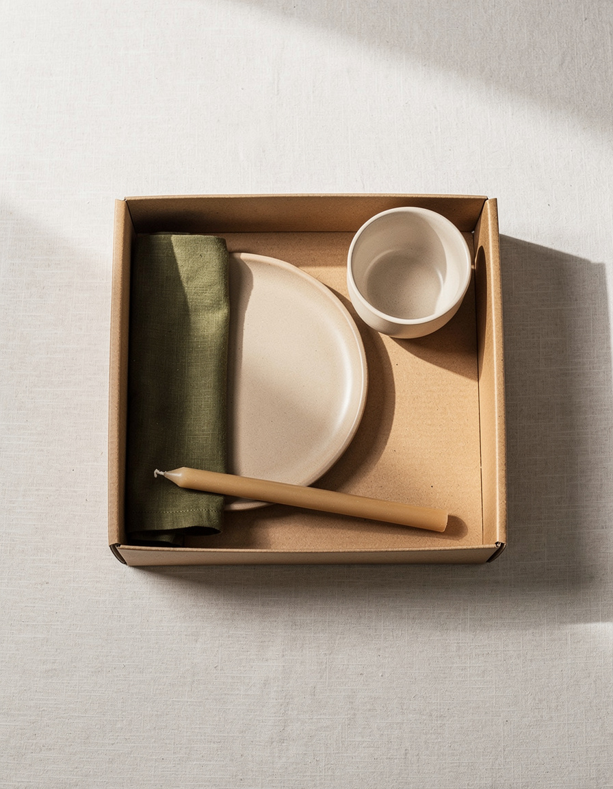Kit de mesa posta com prato, xícara, guardanapo e vela em caixa kraft aberta