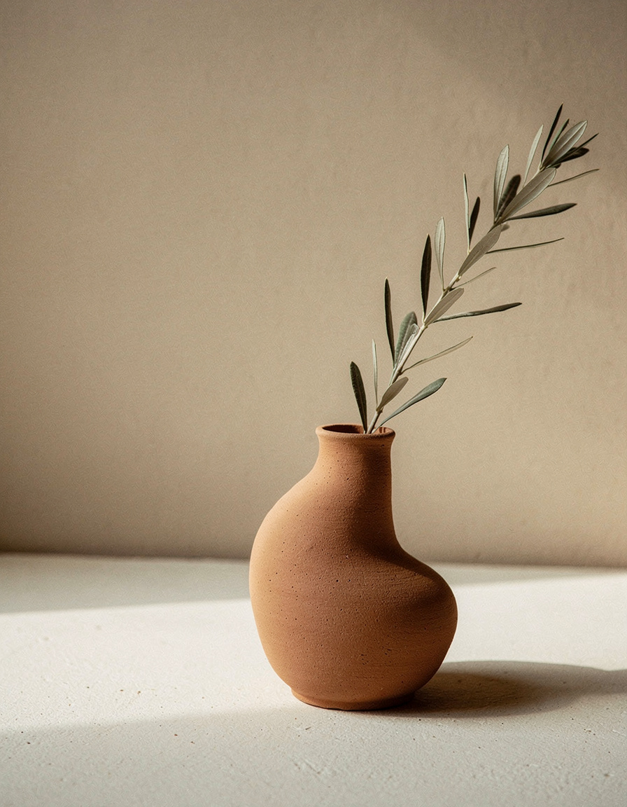 Vaso de terracota com ramo de oliveira seco contra parede off-white